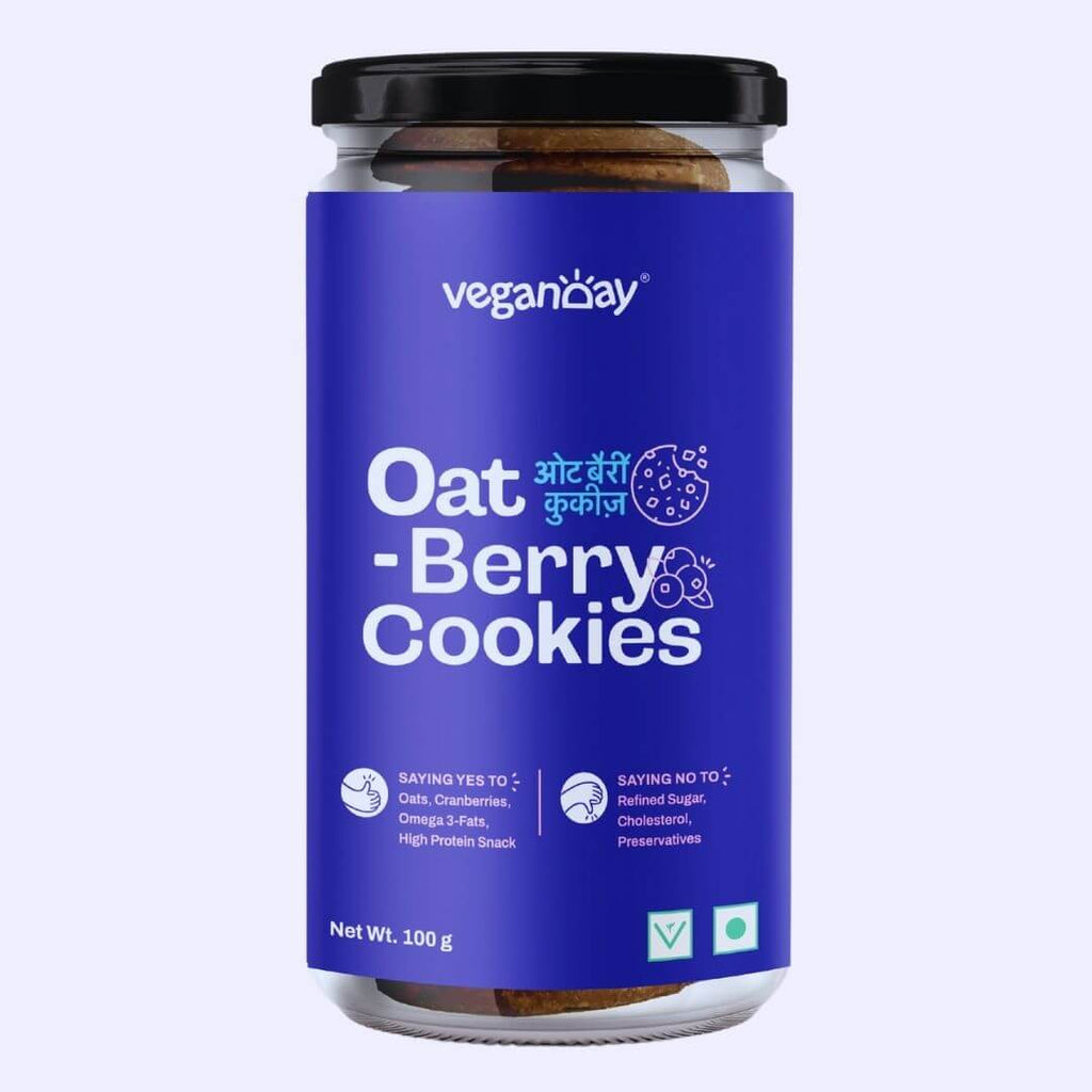 Veganday Oat-Berry Cookies. With oats, cranberries, omega-3 fats. High protein snack. No refined sugar, cholesterol, preservatives. Net weight 100g. 